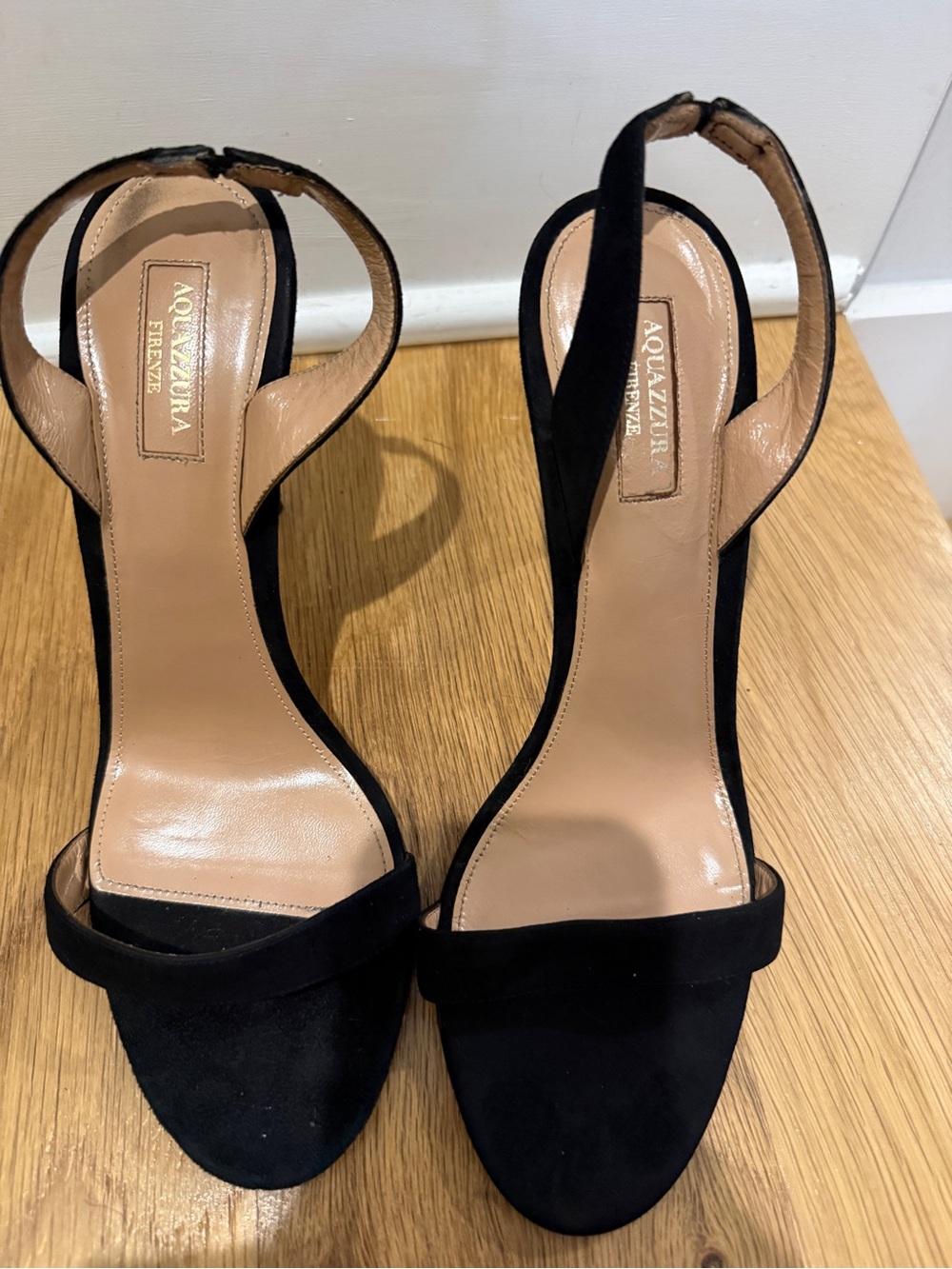 Aquazzura Black Suede Open-Toe Slingback Heels
